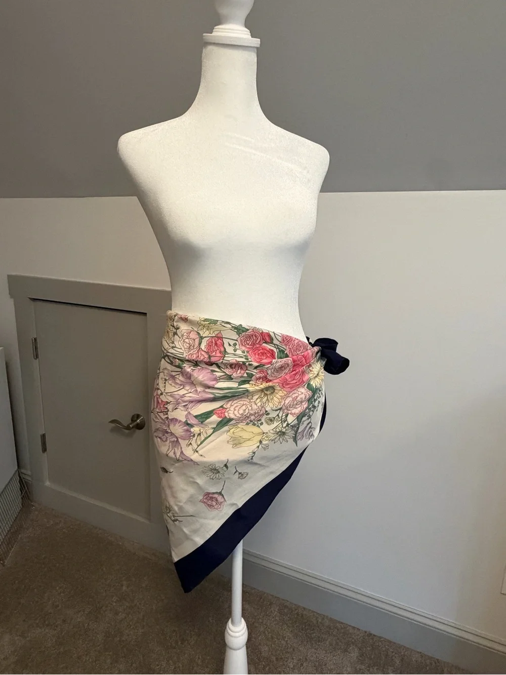 Christian Dior Vintage Floral Silk Square Scarf Navy Blue Cream Botanical Large